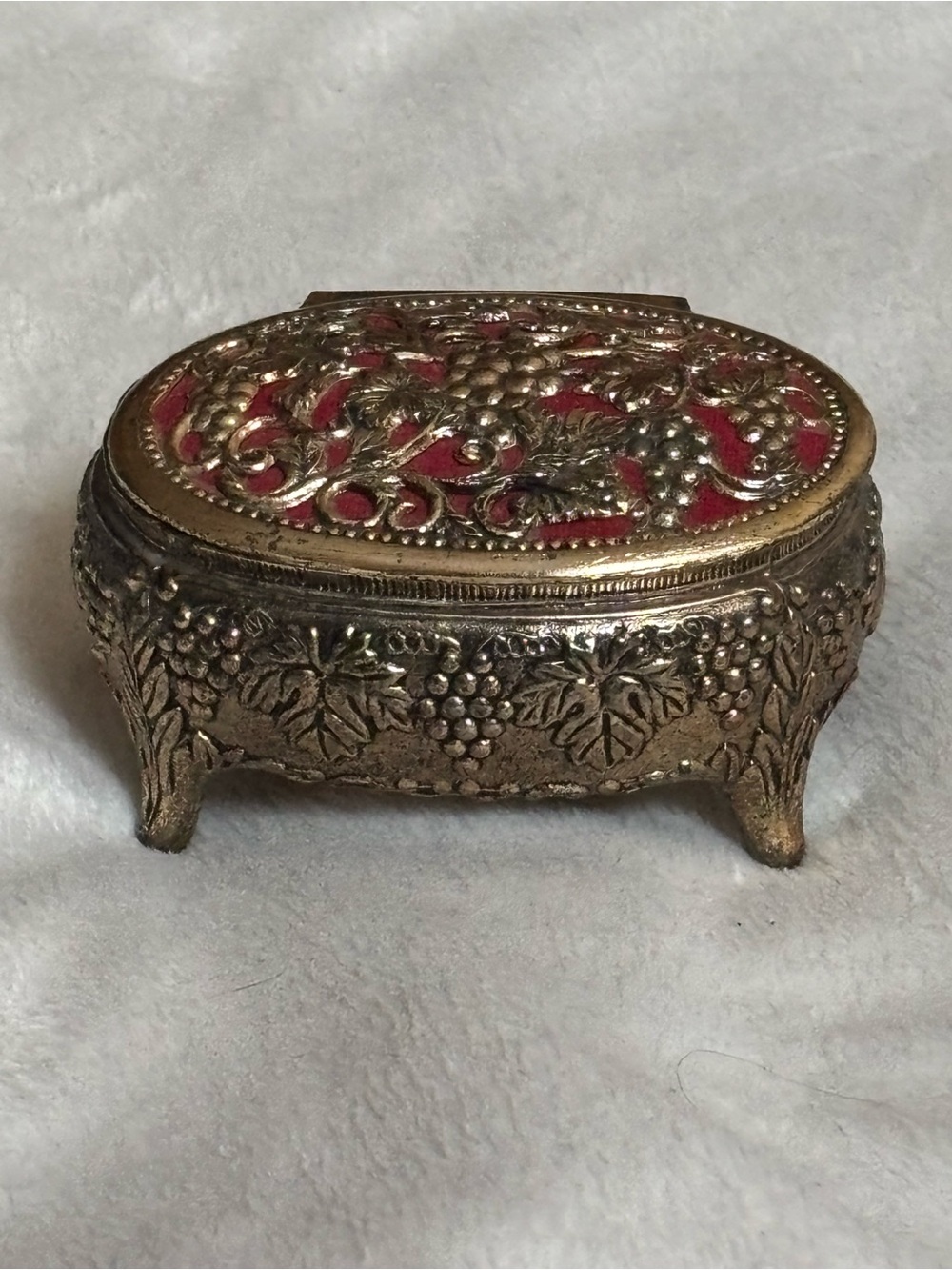Vintage Japan Metal Gold-Tone Trinket Jewelry Box with Red Velvet Accents